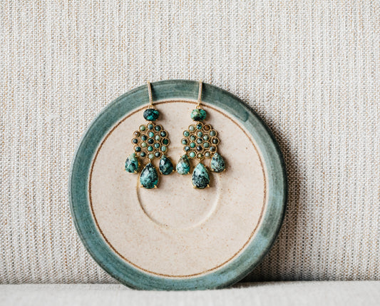 Natural Turquoise set with 18k Gold plated chandelier earrings