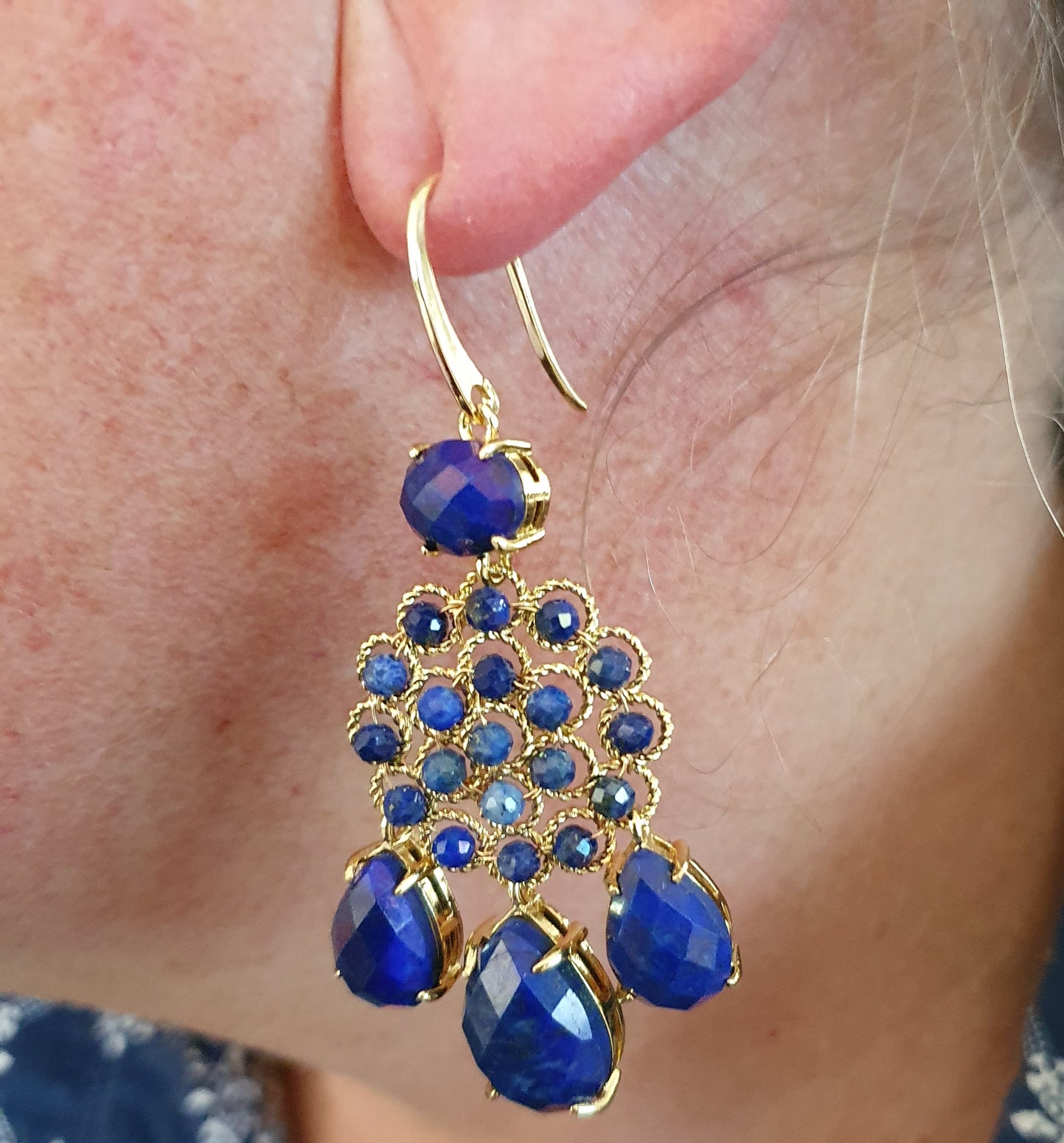 18K Gold plated Lapis lazuli chandelier earrings