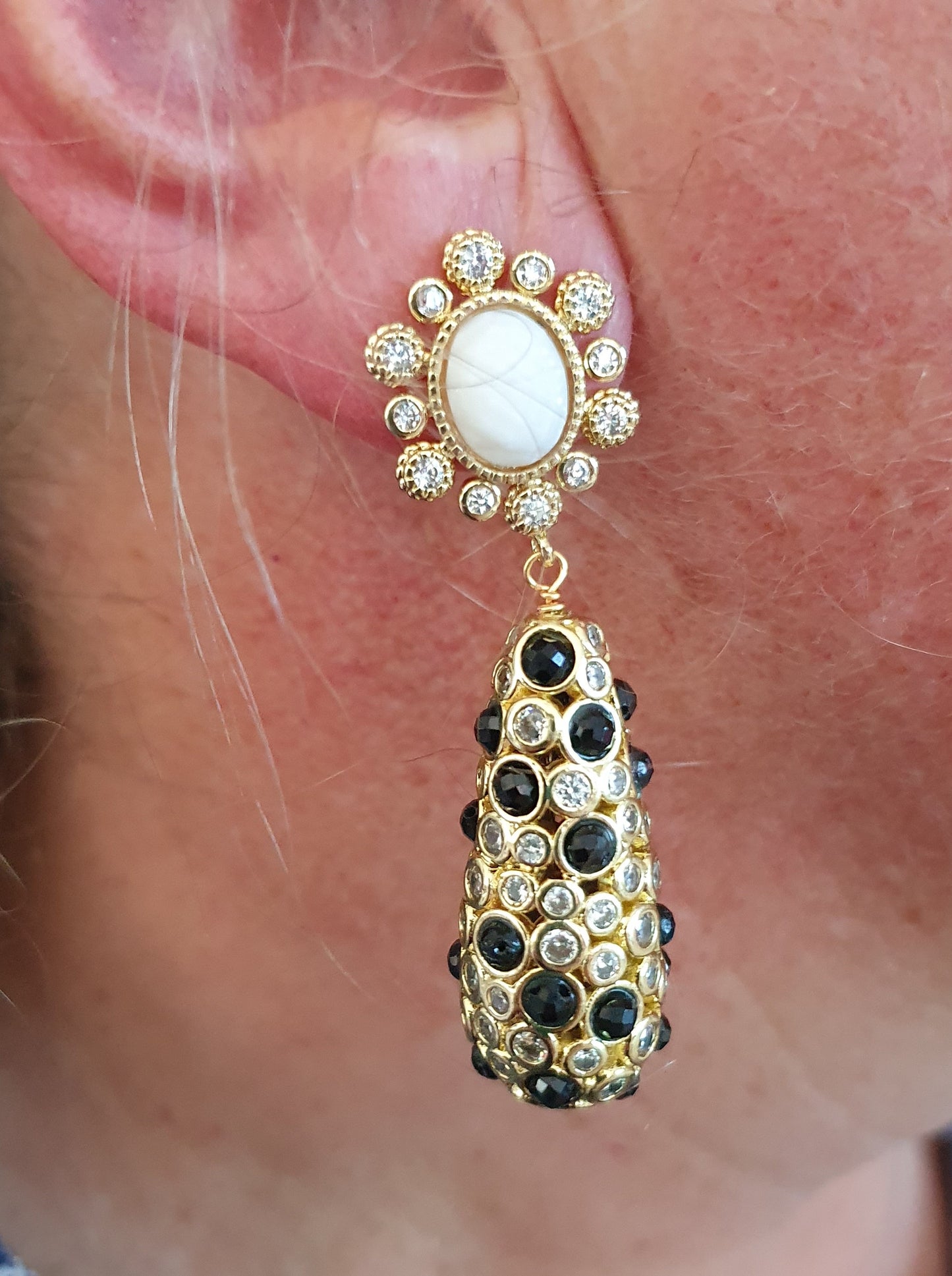 18K Gold plated Onyx and cubic Zirconia drop earrings