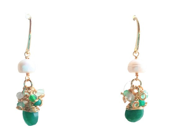 Green Jade 18K Gold Plated earrings with seed Pearls